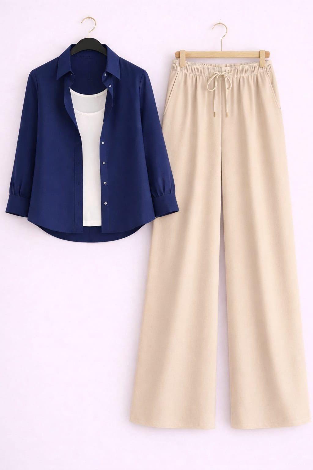 Navy Blue Button Down Shirt With White Inner & Beige Flapper Trouser