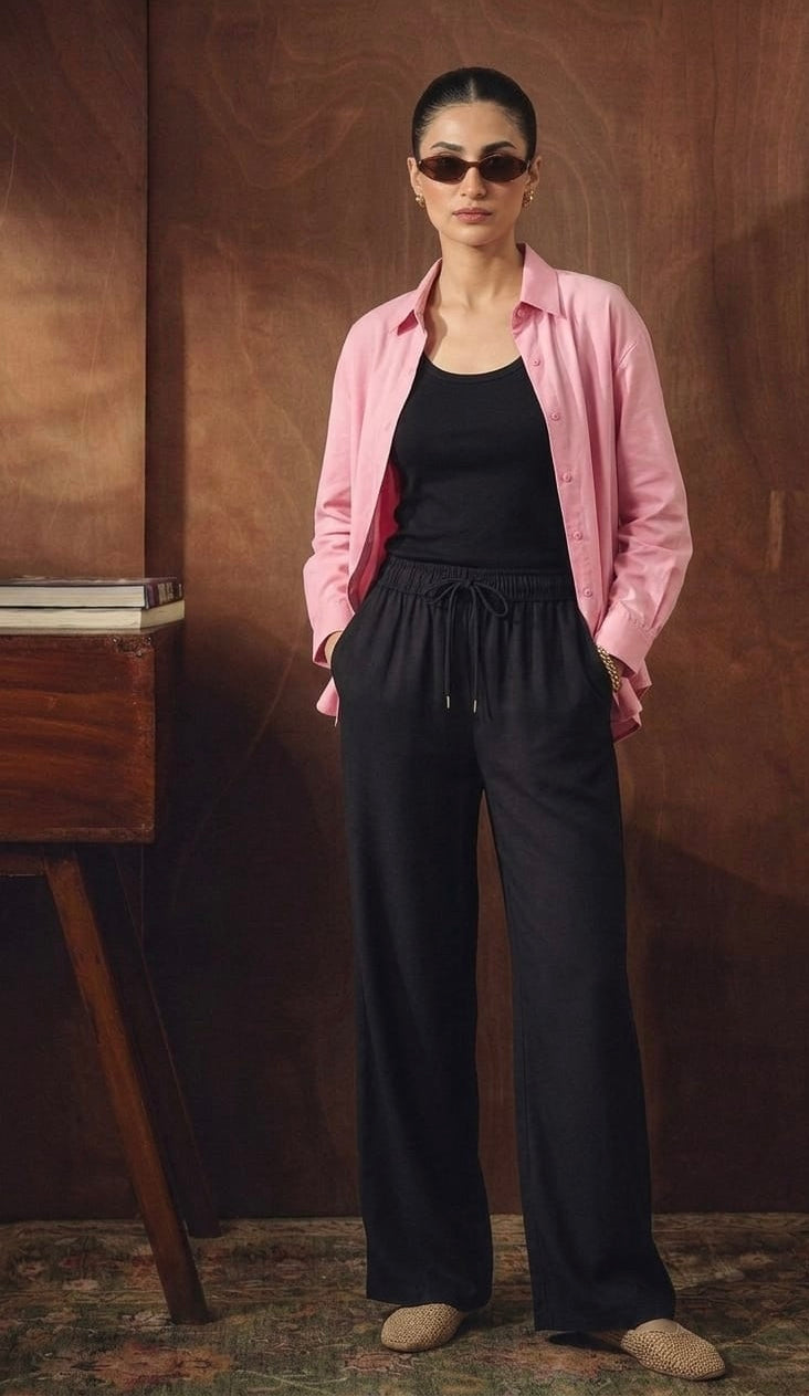 Baby Pink Button Down Shirt With Black Inner & Black Flapper Trouser