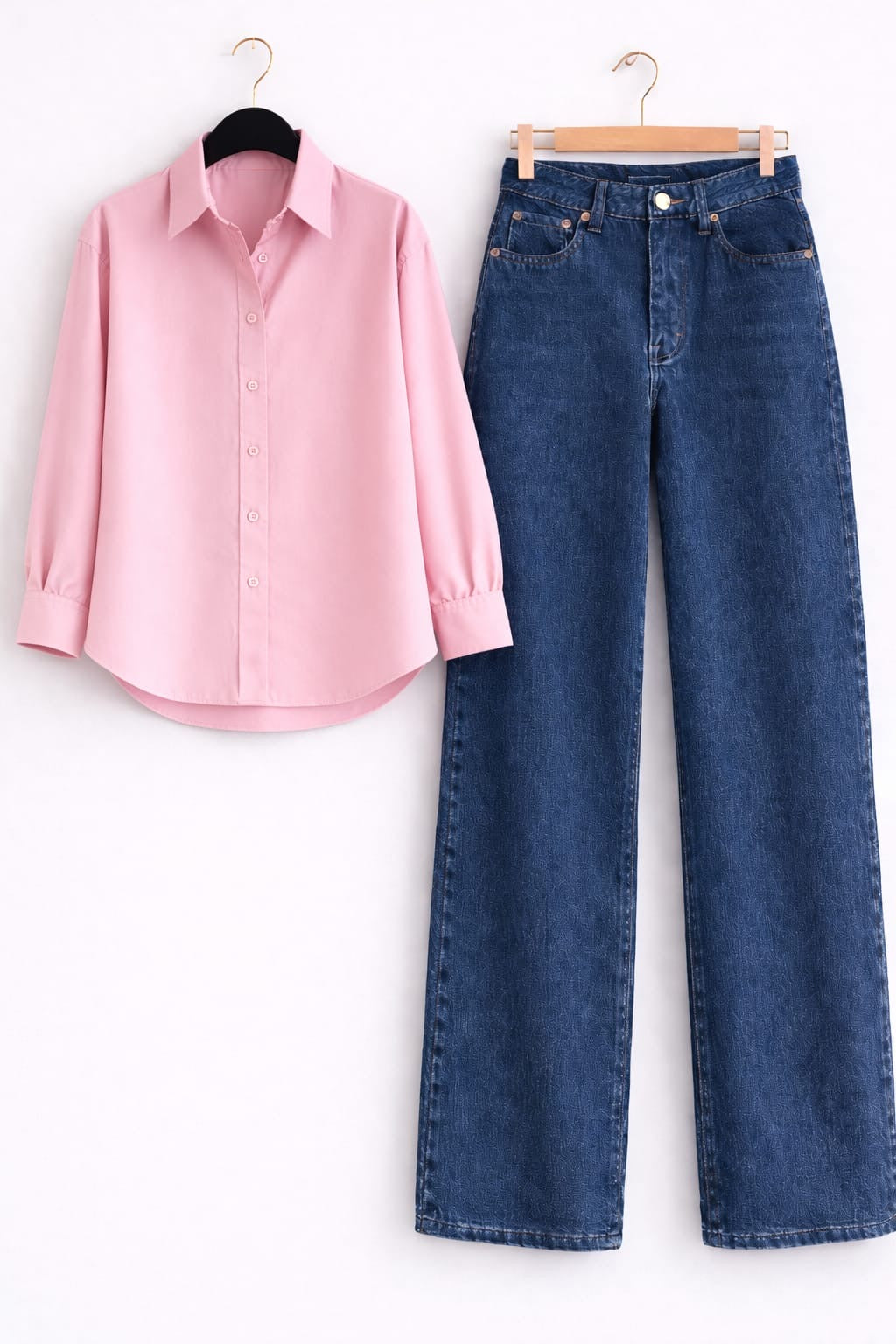 BABYPINK BUTTON DOWN SHIRT WITH MID-BLUE WIDE LEG JEANS