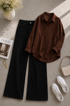 Brown Button Down Shirt & Black Wide Leg Jeans