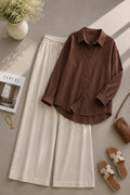 Chocolate Brown Button Down Shirt & Warm Beige Flapper Trouser