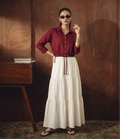 CROP MAROON BUTTON DOWN SHIRT WITH WHITE SKIRT