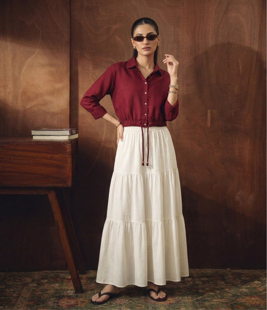 CROP MAROON BUTTON DOWN SHIRT WITH WHITE SKIRT