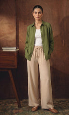 Olive Green Button Down Shirt With White Inner & Beige Flapper Trouser