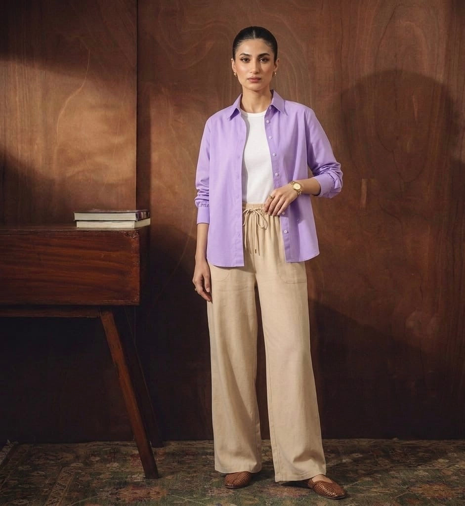 Lilac Button Down Shirt With White Inner & White Flapper Trouser