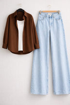 DARK BROWN BUTTON DOWN SHIRT WITH INNER & ICE-BLUE WIDE LEG JEANS