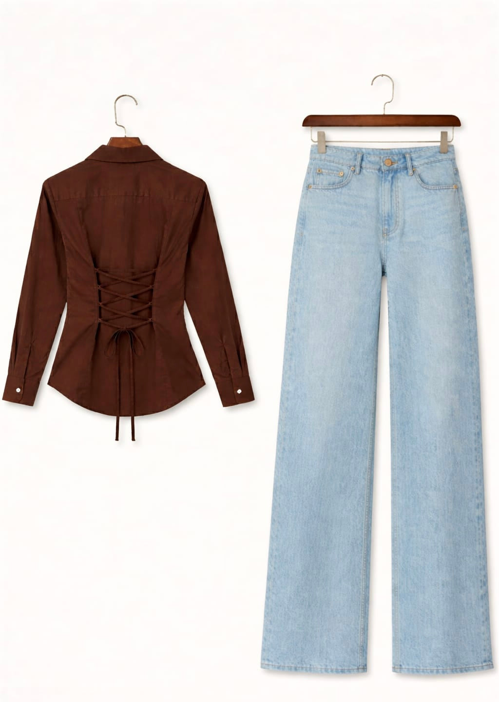 Dark Brown Fitted Button Down Shirt & Ice-Blue Wide Leg Jeans