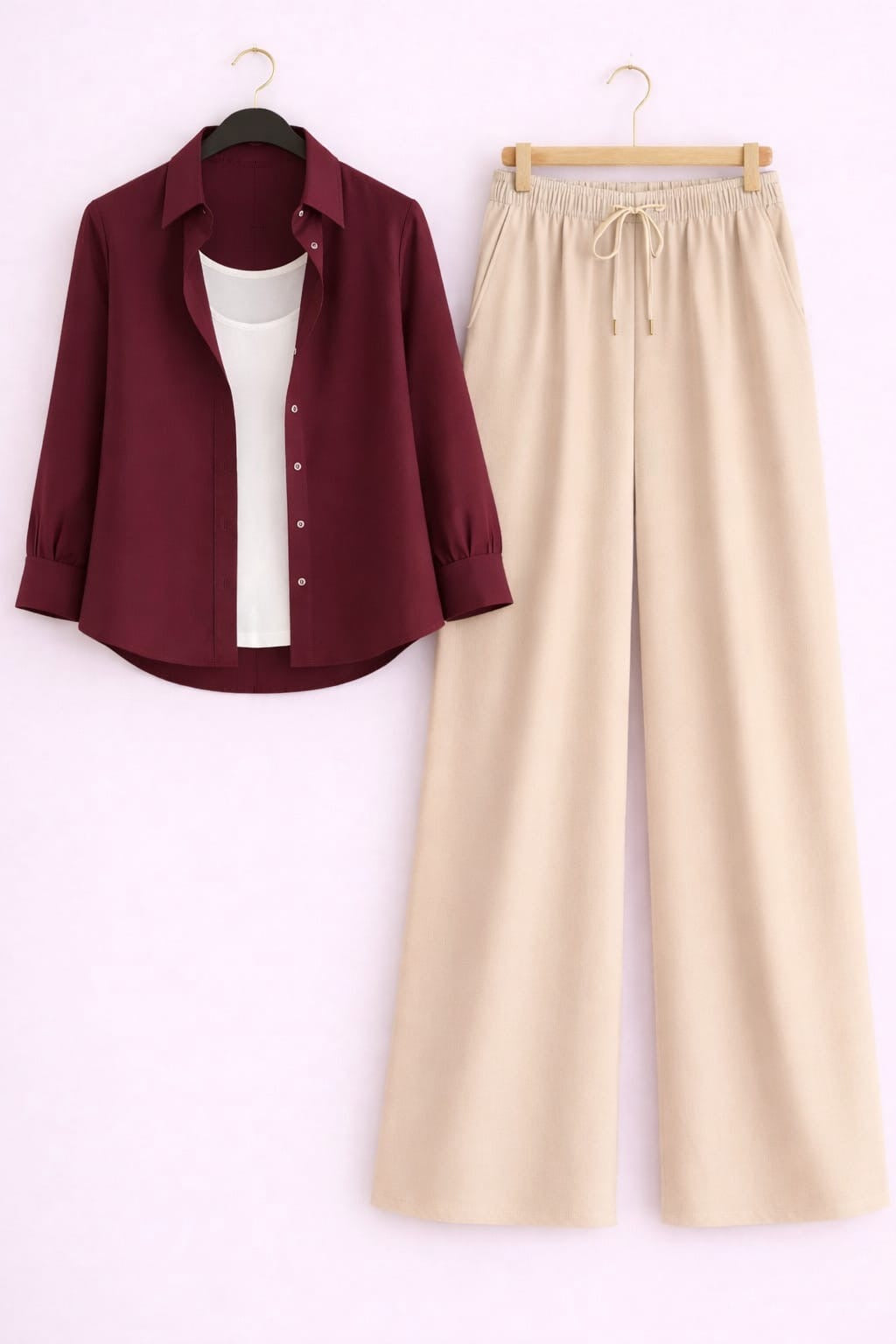 Maroon Button Down Shirt With White Inner & Beige Flapper Trouser