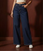 Wide-Leg Denim Jeans-Dark Blue