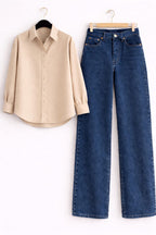 BEIGE BUTTON DOWN SHIRT & MID-BLUE WIDE LEG JEANS