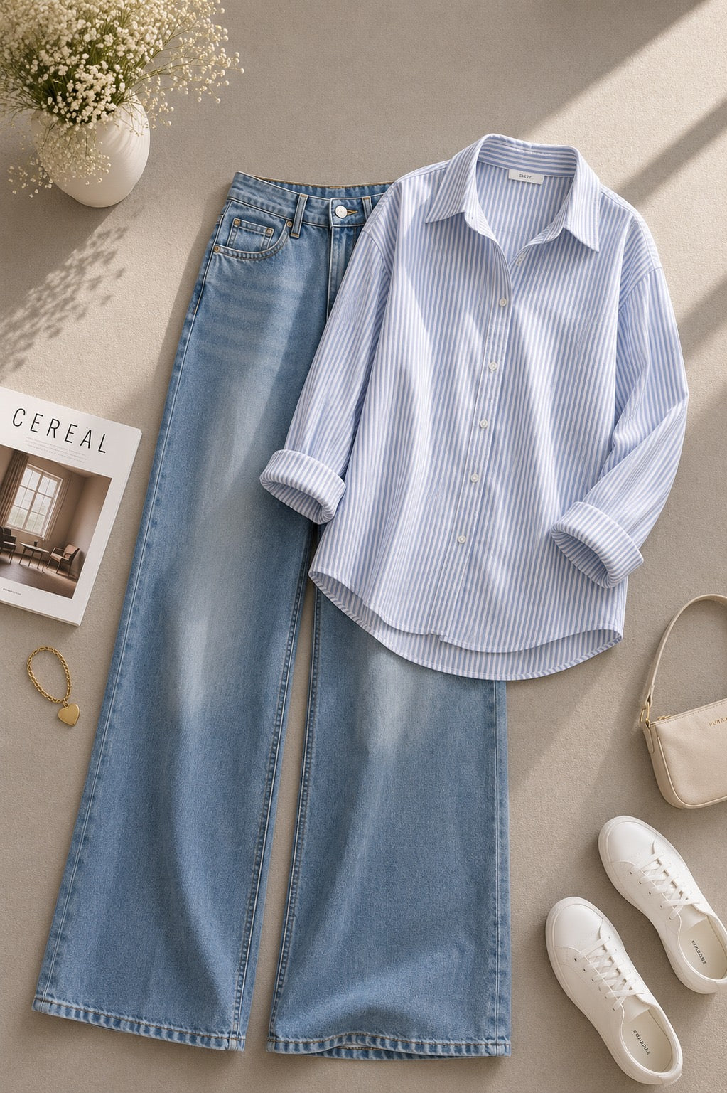 Blue Striped Button Down Shirt & Shaded Mid-Blue Wide Leg Jeans