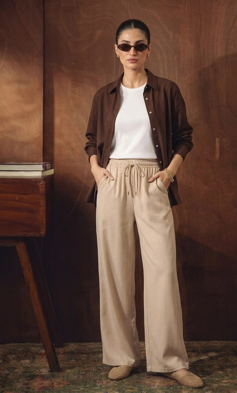 Brown Button Down Shirt With Beige Inner & Beige Flapper Trouser