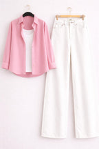 BABY PINK BUTTON DOWN SHIRT WITH INNER & WHITE WIDE LEG JEANS