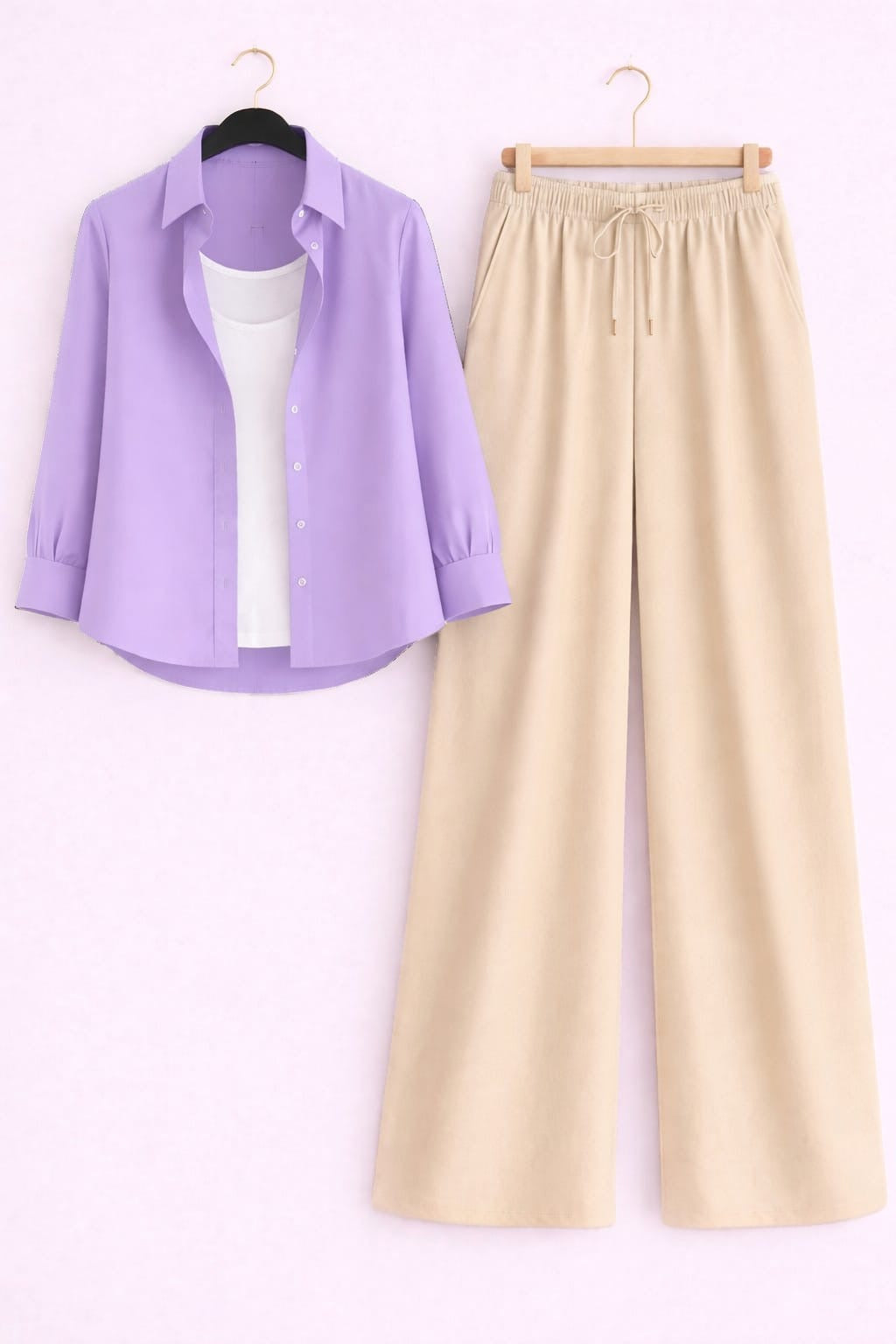 Lilac Button Down Shirt With White Inner & White Flapper Trouser