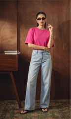 HOT PINK DROP TEE SHIRT WITH ICE-BLUE WIDE LEG JEANS