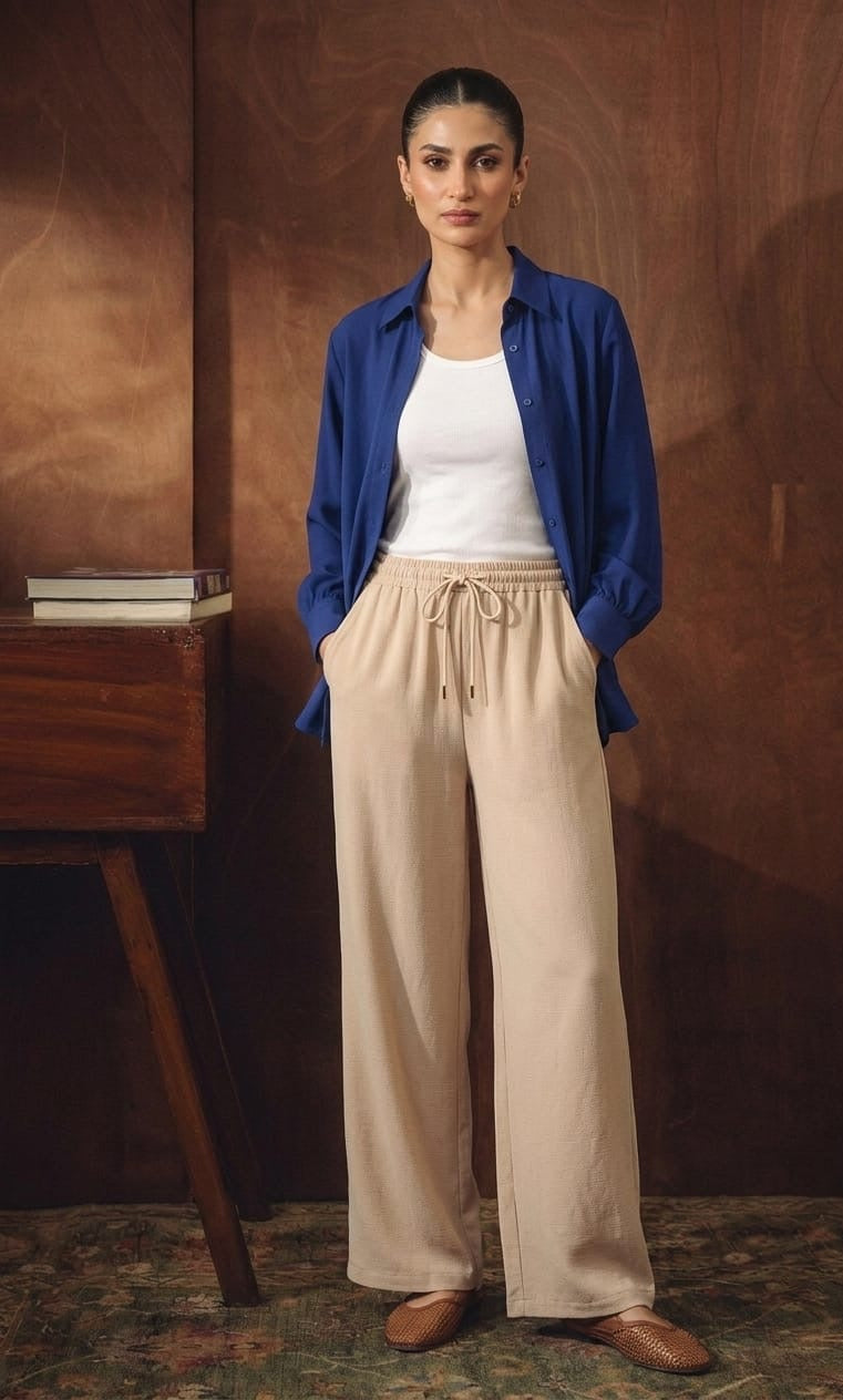 Navy Blue Button Down Shirt With White Inner & Beige Flapper Trouser