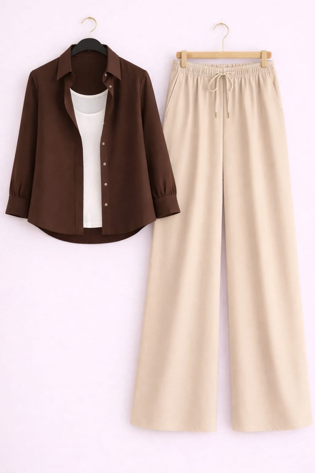 Brown Button Down Shirt With Beige Inner & Beige Flapper Trouser