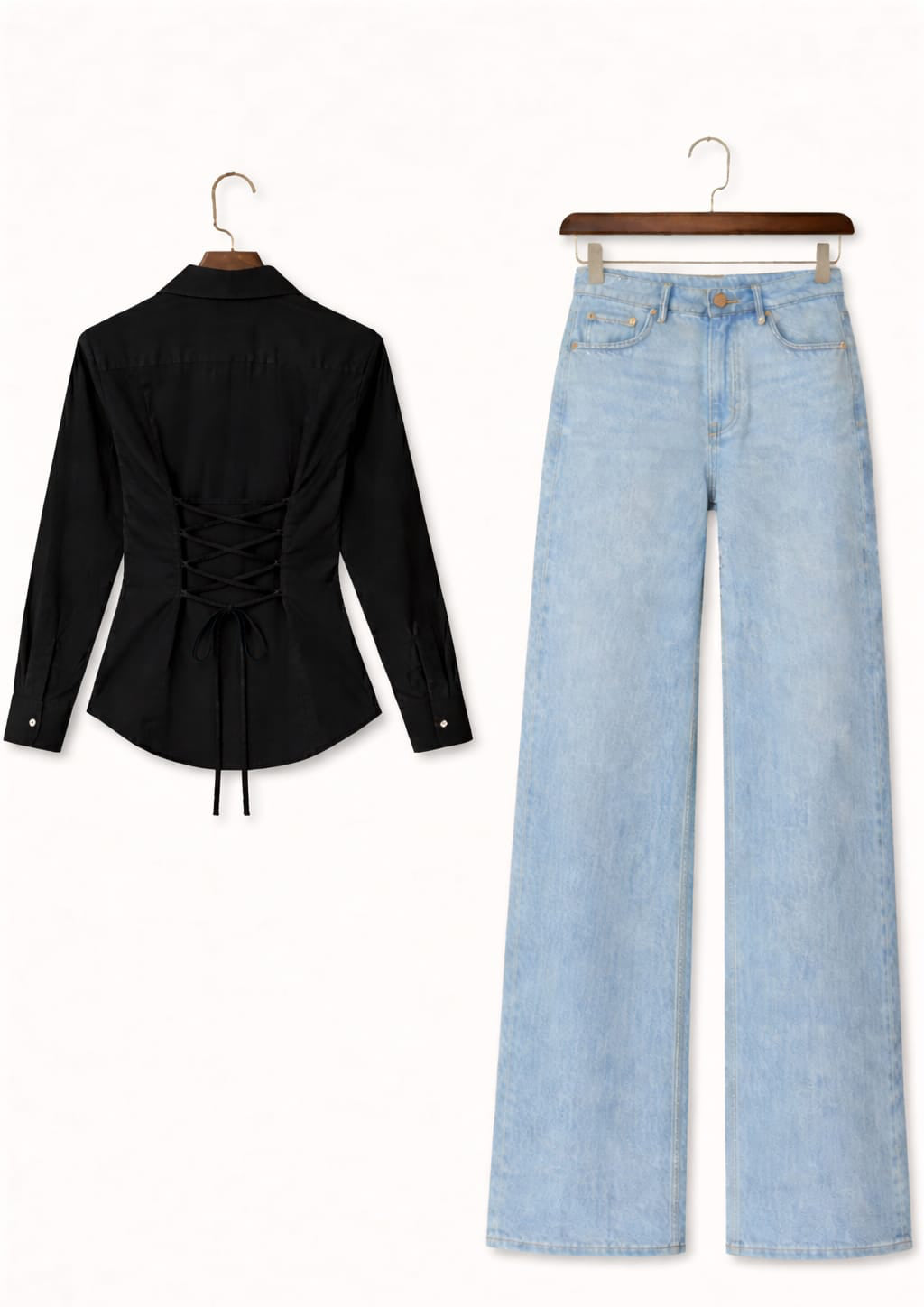 Black Fitted Button Down Shirt & Ice-Blue Wide Leg Jeans