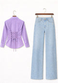 Lilac Fitted Button Down Shirt & Ice-Blue Wide Leg Jeans
