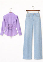 Lilac Fitted Button Down Shirt & Ice-Blue Wide Leg Jeans