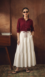 CROP MAROON BUTTON DOWN SHIRT WITH WHITE SKIRT