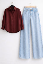 Maroon Button Down Shirt & Ice-blue Wide Leg Jeans