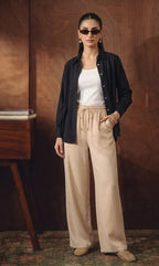 BLACK BUTTON DOWN SHIRT WITH WHITE INNER & BEIGE FLAPPER TROUSER