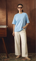 SKY-BLUE DROP TEE SHIRT WITH WHITE WIDE LEG JEANS