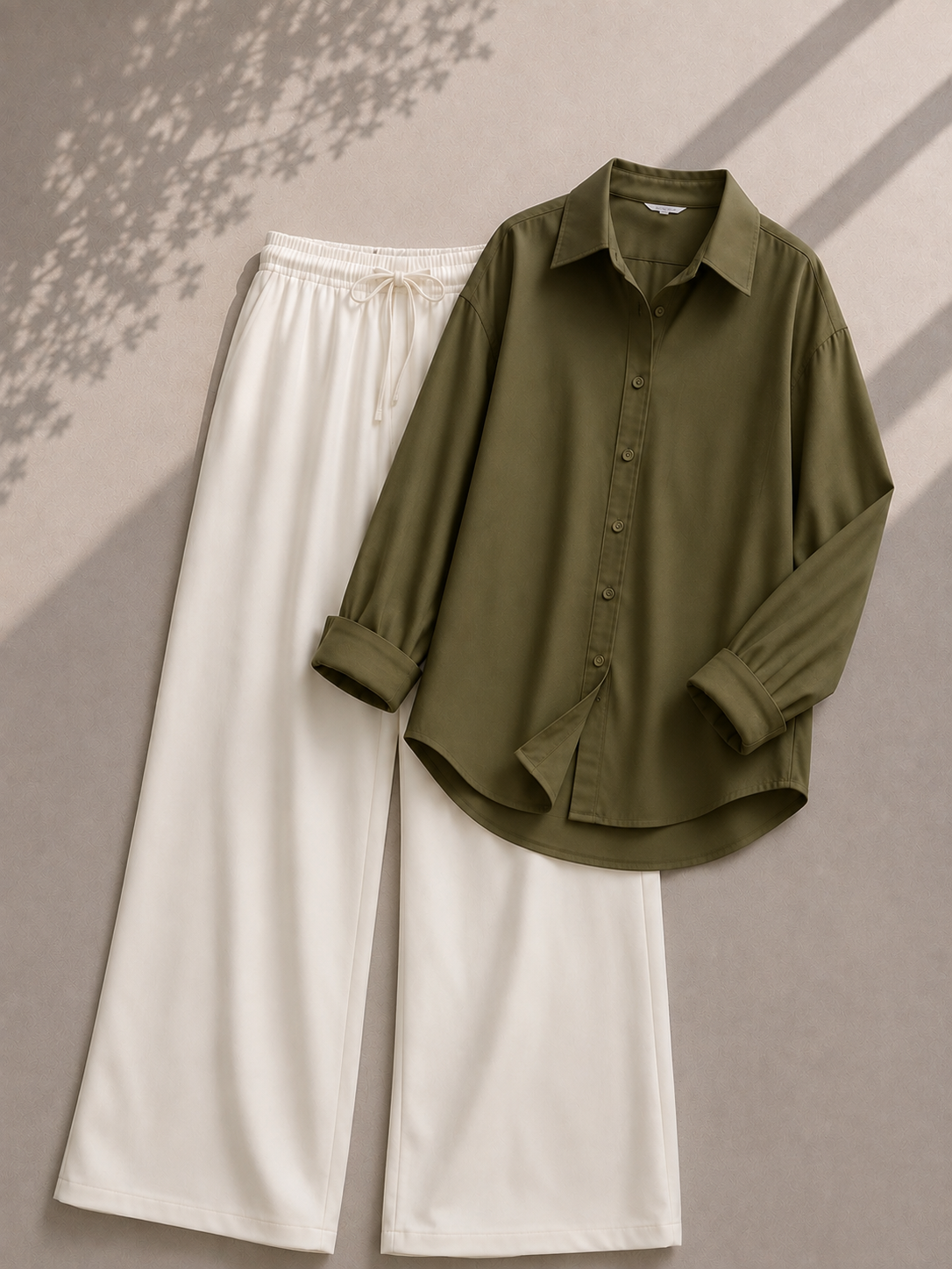 Olive-Green Button Down Shirt & White Flapper Trouser