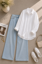 White Button Down Shirt & Shaded Ice-Blue Wide Leg Jeans