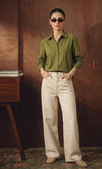 OLIVE GREEN BUTTON DOWN SHIRT WITH BEIGE WIDE LEG JEANS
