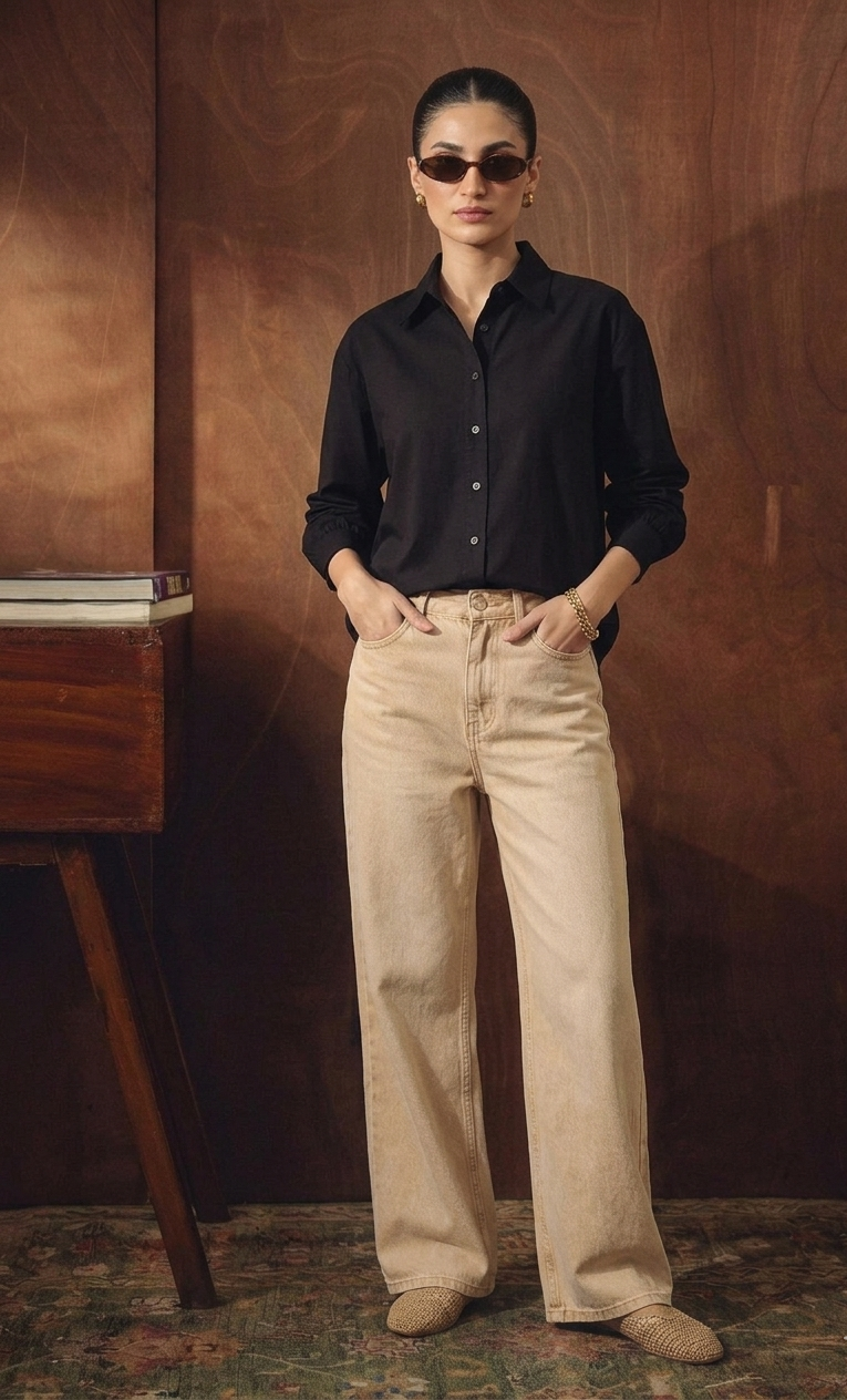 BLACK BUTTON DOWN SHIRT WITH BEIGE WIDE LEG JEANS