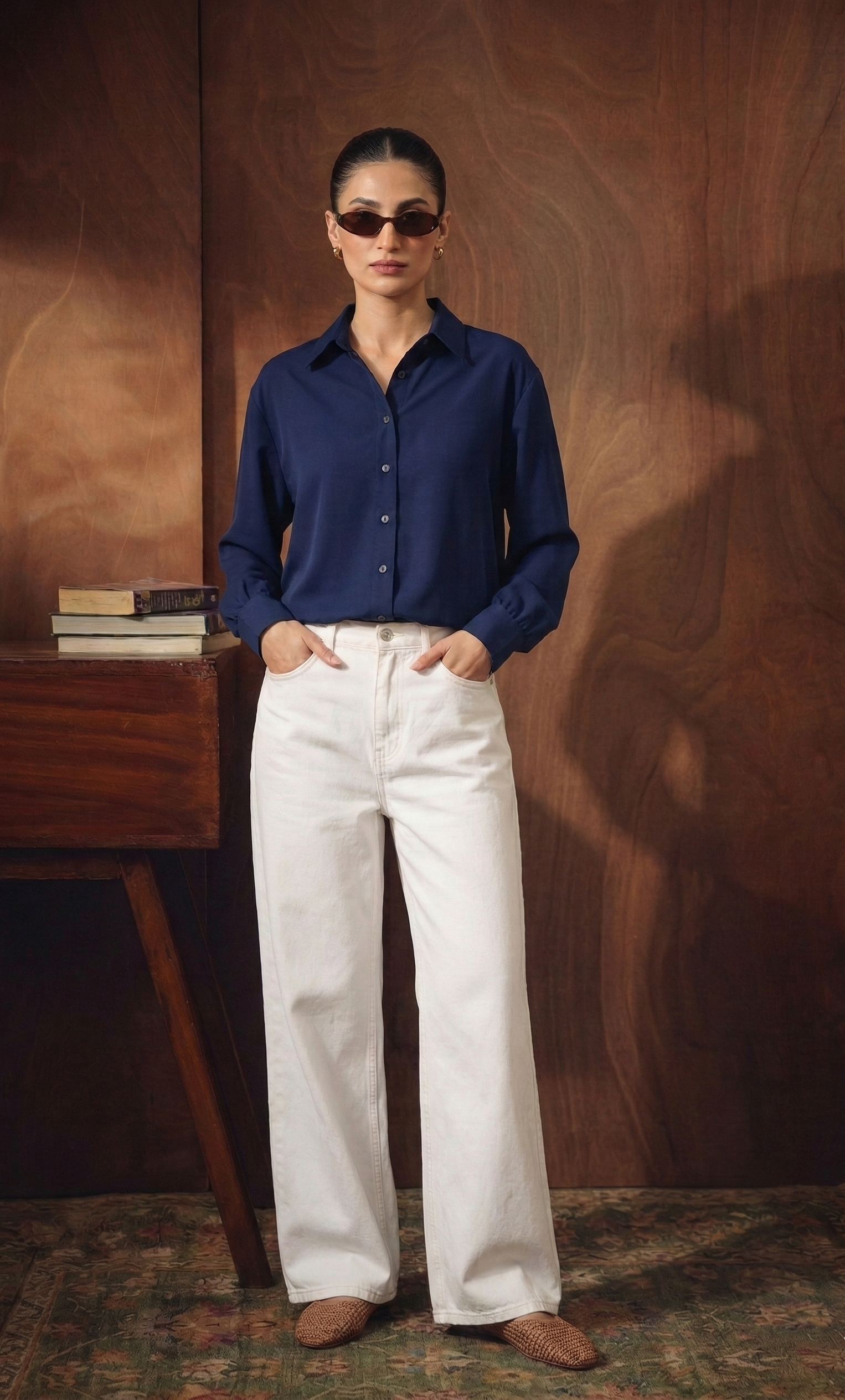 NAVY-BLUE BUTTON DOWN SHIRT WITH WHITE WIDE LEG JEANS