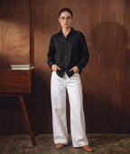 BLACK BUTTON DOWN SHIRT WITH WHITE WIDE LEG JEANS