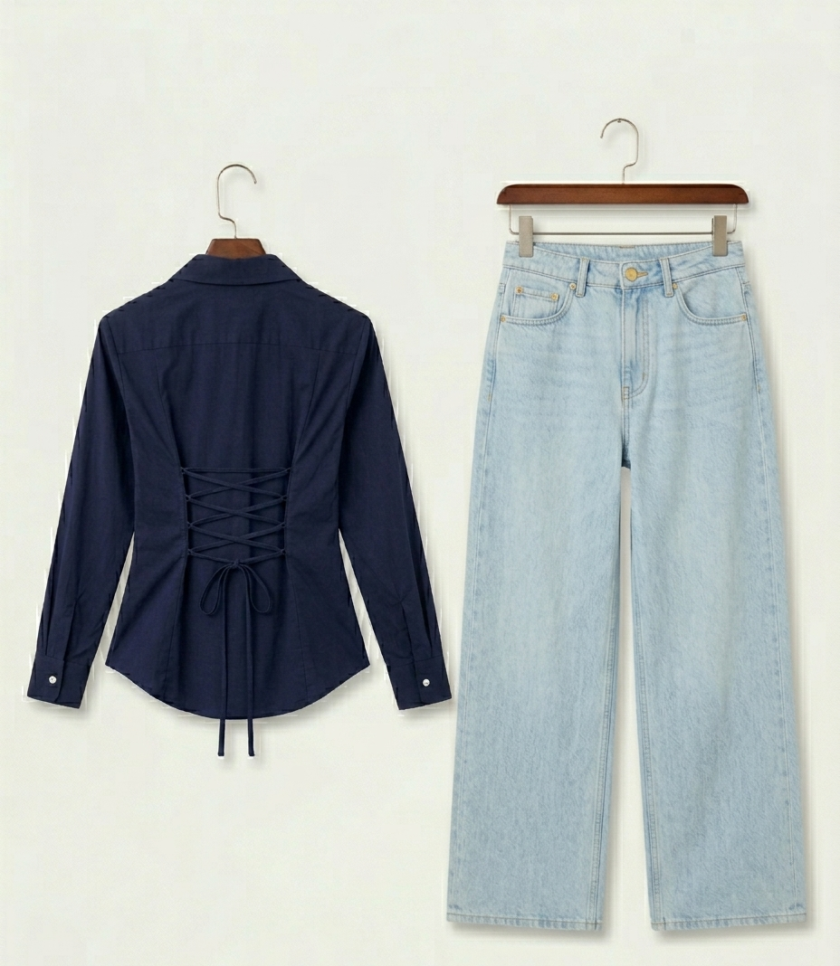 Navy Blue Fitted Button Down Shirt & Ice-Blue Wide Leg Jeans