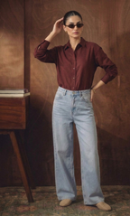 Maroon Button Down Shirt & Ice-blue Wide Leg Jeans