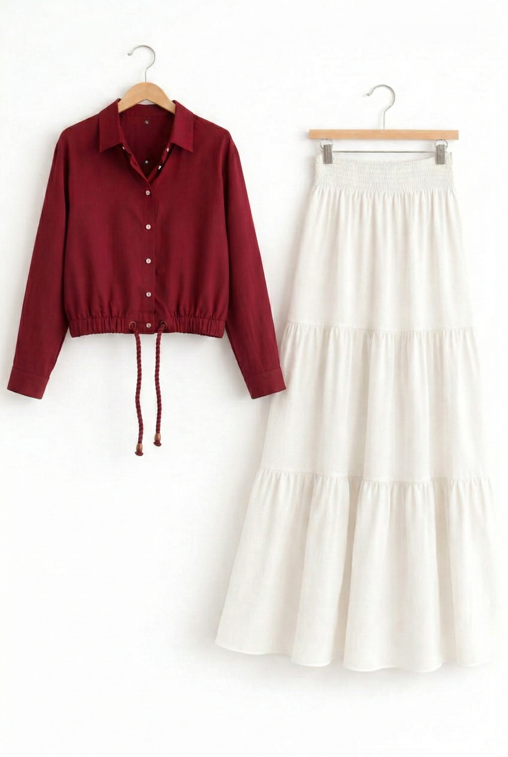 CROP MAROON BUTTON DOWN SHIRT WITH WHITE SKIRT