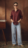 Maroon Button Down Shirt & Ice-blue Wide Leg Jeans