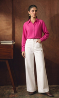 HOT-PINK BUTTON DOWN SHIRT WITH WHITE WIDE LEG JEANS