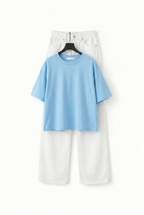 SKY-BLUE DROP TEE SHIRT WITH WHITE WIDE LEG JEANS