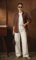 BROWN BUTTON DOWN SHIRT WITH WHITE INNER & WHITE WIDE LEG JEANS