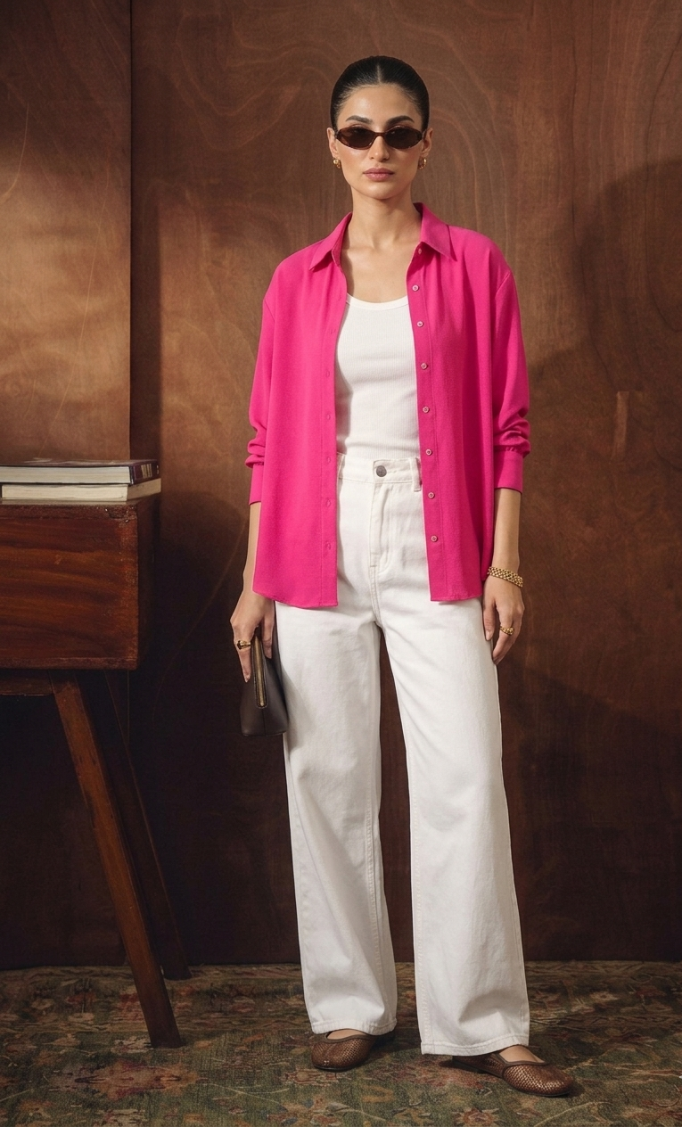 HOT PINK BUTTON DOWN SHIRT WITH INNER & WHITE WIDE LEG JEANS