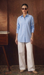 SKY-BLUE BUTTON DOWN SHIRT WITH WHITE WIDE LEG JEANS