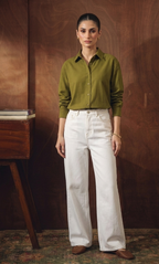 OLIVE-GREEN BUTTON DOWN SHIRT WITH WHITE WIDE LEG JEANS