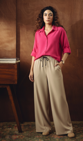HOT PINK BUTTON DOWN SHIRT WITH BEIGE FLAPPER TROUSER