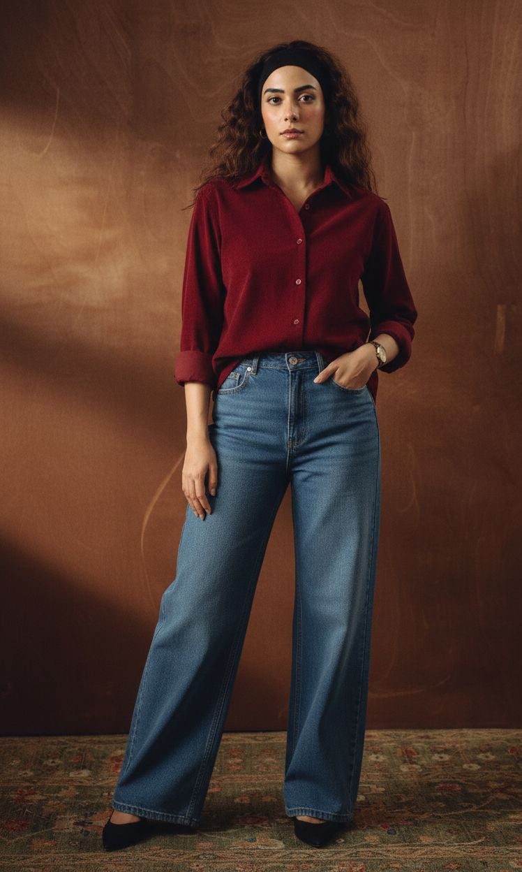 MAROON BUTTON DOWN SHIRT  WITH MIDBLUEJEANS
