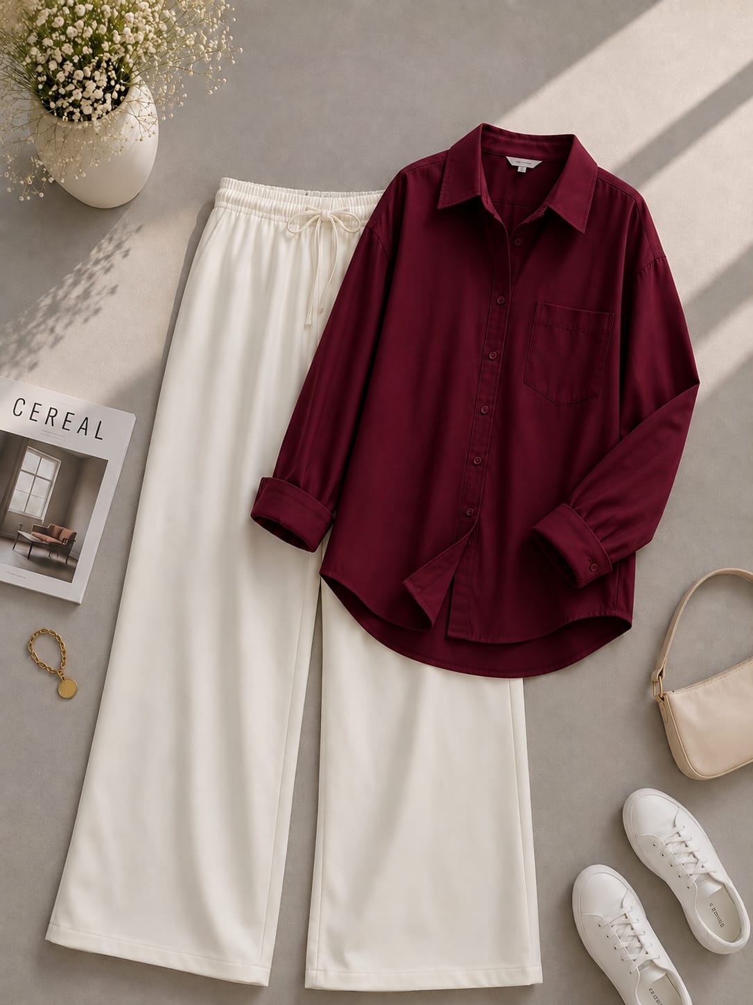 Maroon Button Down Shirt & White Flapper Trouser