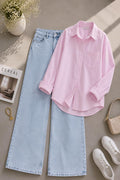 Baby-Pink Button Down Shirt & Ice-Blue Wide Leg Jeans