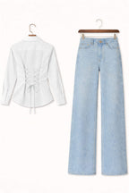 White Fitted Button Down Shirt & Ice-Blue Wide Leg Jeans