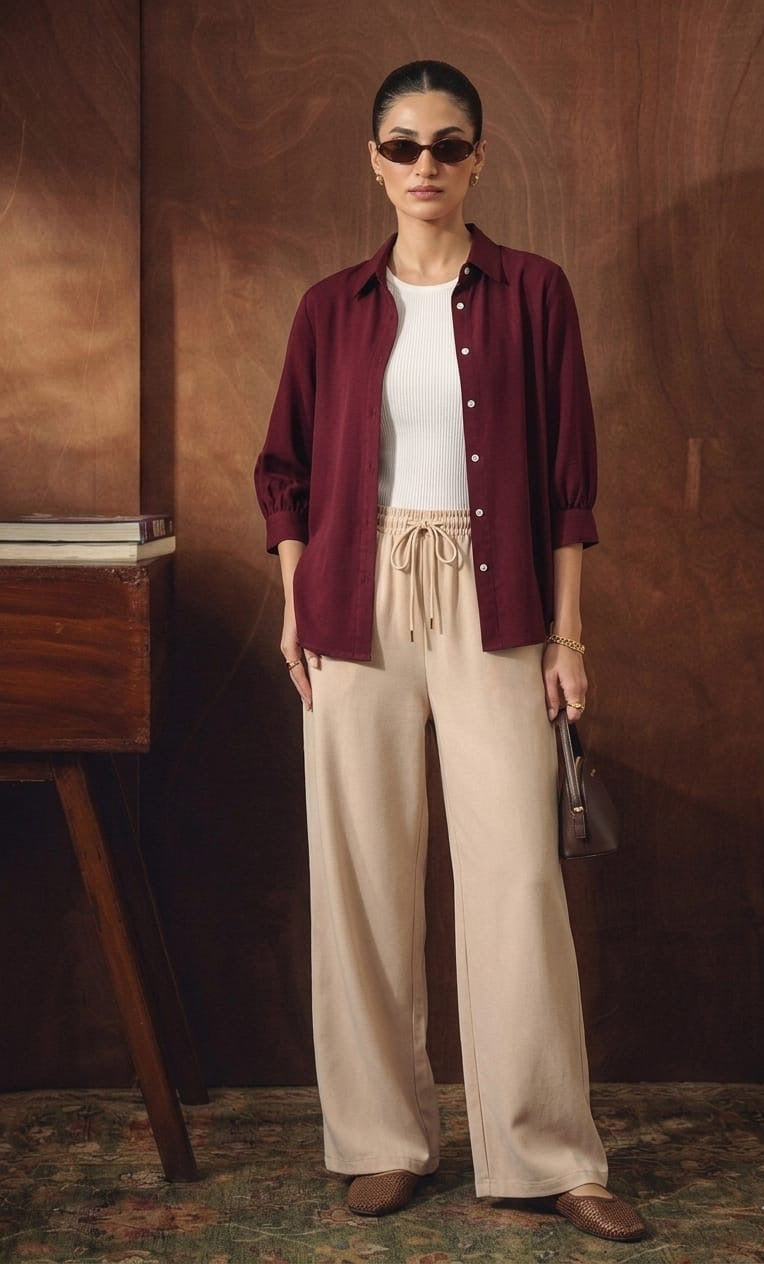 Maroon Button Down Shirt With White Inner & Beige Flapper Trouser